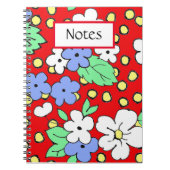 Blauwe en witte bloemen op rood spiraalvormig noti notitieboek (Voorkant)