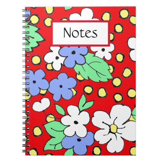 Blauwe en witte bloemen op rood spiraalvormig noti notitieboek (Voorkant)