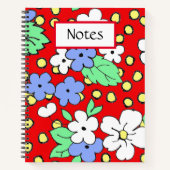 Blauwe en witte bloemen op rood spiraalvormig noti notitieboek (Voorkant)