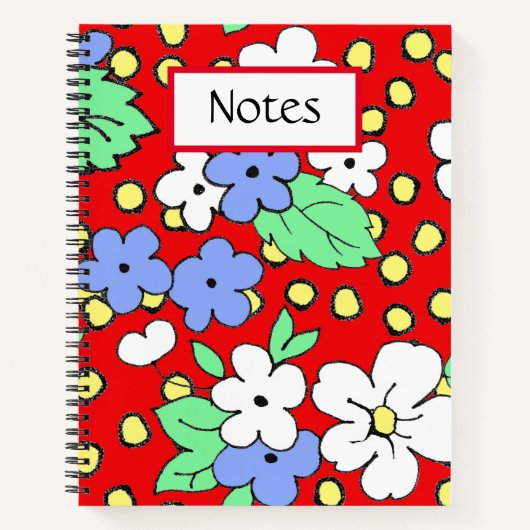 Blauwe en witte bloemen op rood spiraalvormig noti notitieboek (Voorkant)