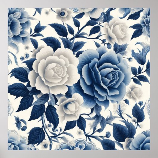Blauwe en witte bloemen poster (Voorkant)