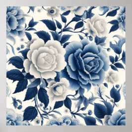 Blauwe en witte bloemen poster