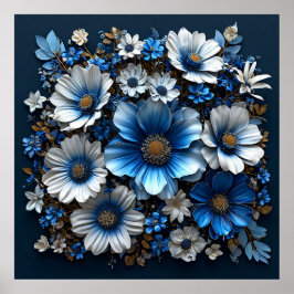Blauwe en witte bloemen poster
