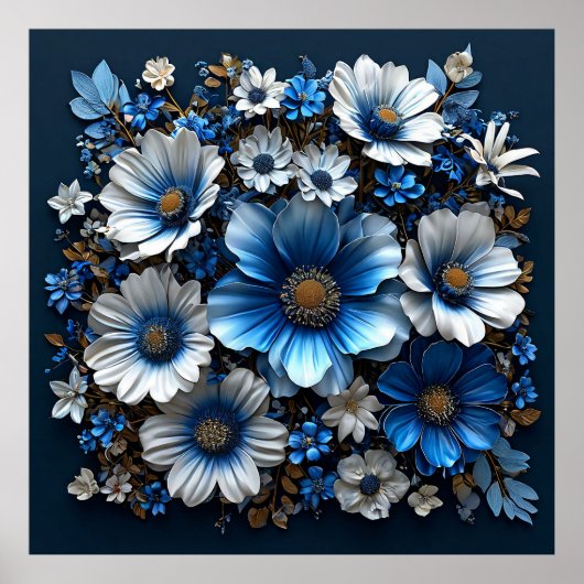Blauwe en witte bloemen poster (Voorkant)