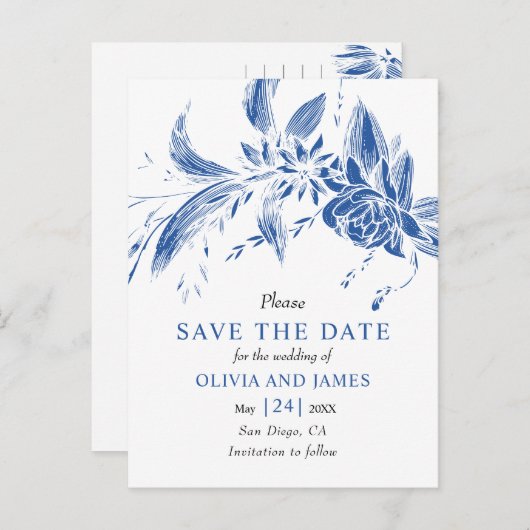 Blauwe en witte bloemen Save the Date Briefkaart (Voorkant / Achterkant)
