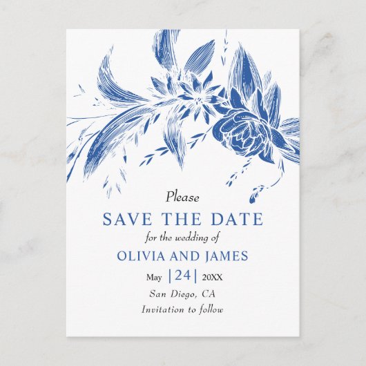Blauwe en witte bloemen Save the Date Briefkaart (Voorkant)