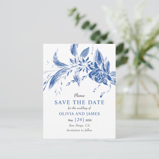 Blauwe en witte bloemen Save the Date Briefkaart (Staand voorkant)