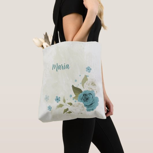 blauwe en witte bloemen tote bag (Dichtbij)