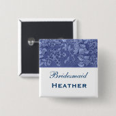 Blauwe en witte  bloemen vierkante button 5,1 cm (Voorkant /achterkant)