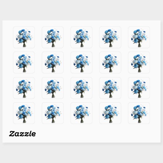 Blauwe en witte bloemen vierkante sticker (Vel)