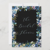 Blauwe en Witte Bloemen Zwart Bruidsfeestje Kaart (Achterkant)