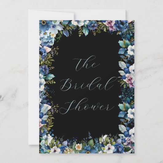 Blauwe en Witte Bloemen Zwart Bruidsfeestje Kaart (Achterkant)