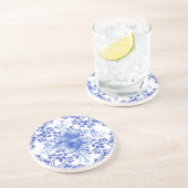 Blauwe en Witte Bloementegel met Vogel Zandsteen Onderzetter (Zijkant)