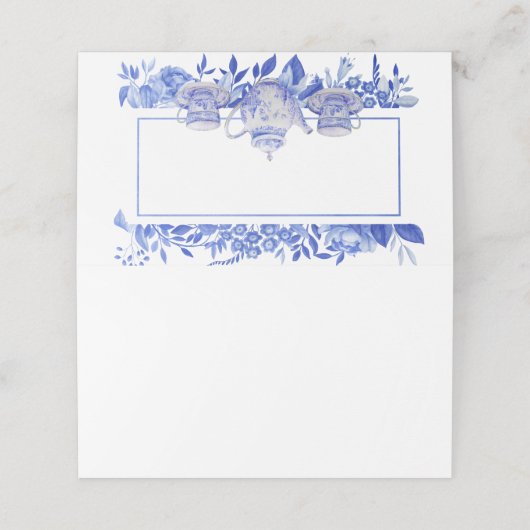 Blauwe en witte bloemige theepot en theekopjes plaatskaartje (Buitenkant ongevouwen)