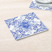 Blauwe en Witte Bloemtegel met Vogel Kartonnen Onderzetters (Schuin)