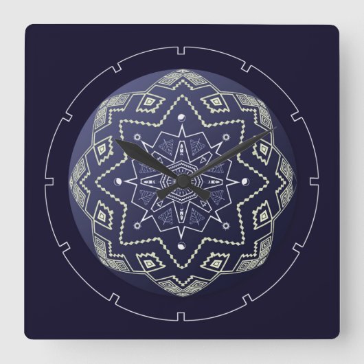 Blauwe en witte bol Mandala wandklok (Voorkant)