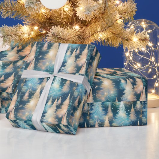 Blauwe en witte bomen moderne kerst cadeaupapier (Feestdagen)
