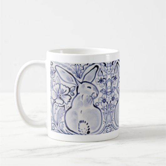 Blauwe en witte bondskonijn Kunst Floral Spring Pa Koffiemok (Links)