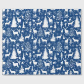 Blauwe en witte bosrijke rendieren cadeaupapier (Vlak)