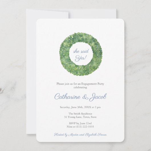 Blauwe en witte bruiloft Boxwood Engagement Party Kaart (Voorkant)