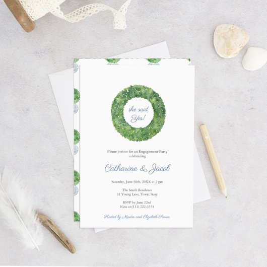 Blauwe en witte bruiloft Boxwood Engagement Party Kaart