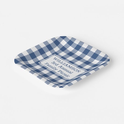 Blauwe en witte buffelbak picknick papieren bordje (Gebogen)