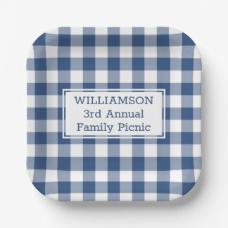 Blauwe en witte buffelbak picknick papieren bordje