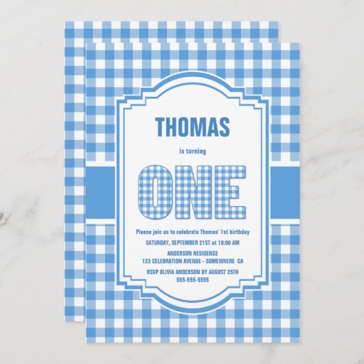 Blauwe en witte buffels van de eerste verjaardag kaart (Voorkant / Achterkant)