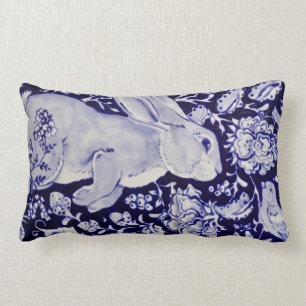 Blauwe en witte Bunny Rabbit Floral Easter Bird Kussen