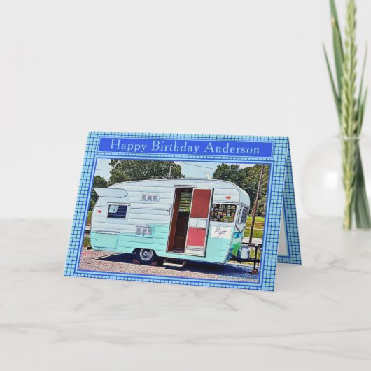 Blauwe en witte  Camper Happy Birthday Kaart (Voorkant)