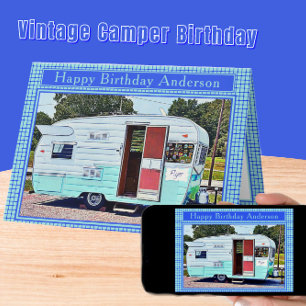 Blauwe en witte  Camper Happy Birthday Kaart