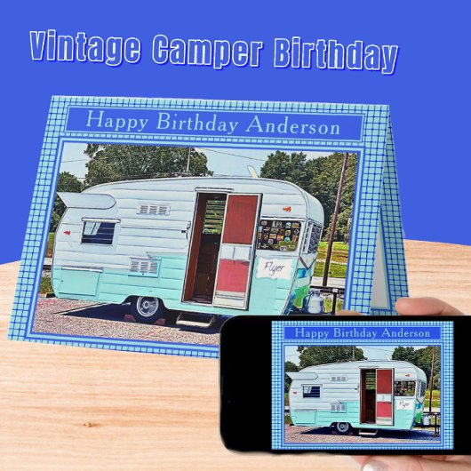 Blauwe en witte  Camper Happy Birthday Kaart