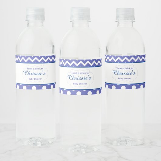 Blauwe en witte Chevron & Polka Dot Baby Waterfles Etiket (Flessen)