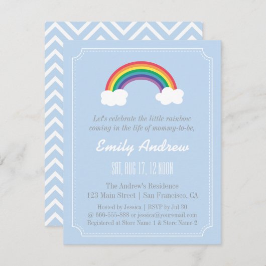 Blauwe en witte Chevron, regenboogBaby shower Kaart (Voorkant / Achterkant)