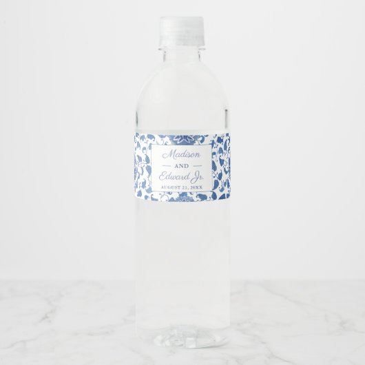 Blauwe en witte Chinese Vrijgezellenfeest Waterfles Etiket (Voorkant)