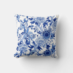 Blauwe en witte chinoiserie Bird n Foliage  Kussen