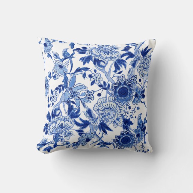 Blauwe en witte chinoiserie Bird n Foliage  Kussen (Voorkant)