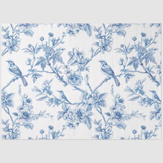 Blauwe en witte Chinoiserie Bloemvogels Tissuepapier (Voorkant)