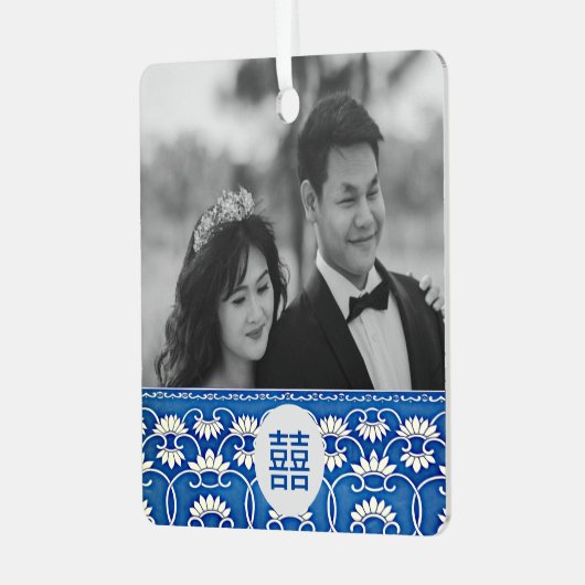 Blauwe en witte Chinoiserie - bruiloft Metalen Ornament (Voorkant links)