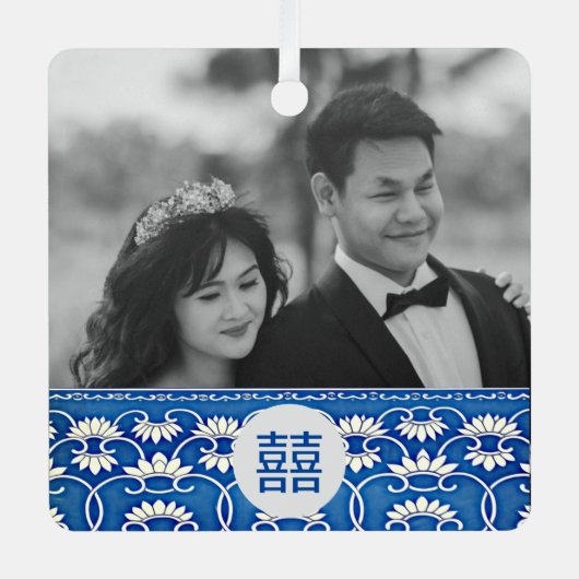 Blauwe en witte Chinoiserie - bruiloft Metalen Ornament (Voorkant)