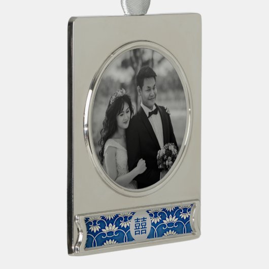 Blauwe en witte Chinoiserie - bruiloft Verzilverd Banner Ornament (Rechts)