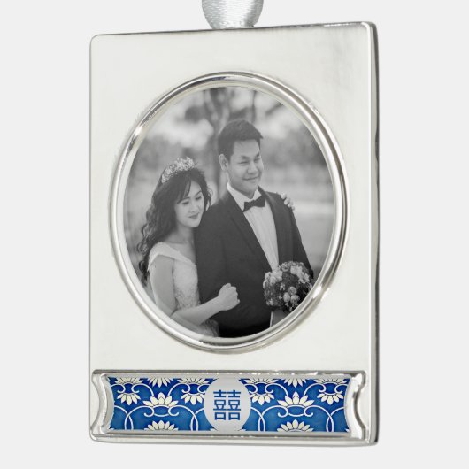 Blauwe en witte Chinoiserie - bruiloft Verzilverd Banner Ornament (Links)