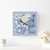 Blauwe en witte Chinoiserie Chic Bird Floral Mosai Vierkante Klok (Huis)