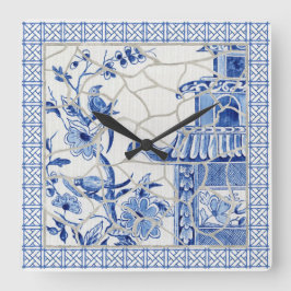 Blauwe en witte Chinoiserie Chic Bird Floral Mosai Vierkante Klok