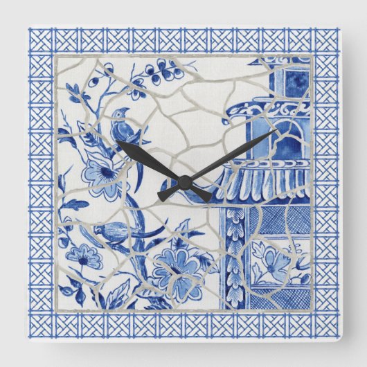 Blauwe en witte Chinoiserie Chic Bird Floral Mosai Vierkante Klok (Voorkant)