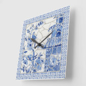 Blauwe en witte Chinoiserie Chic Bird Floral Mosai Vierkante Klok (Hoek)