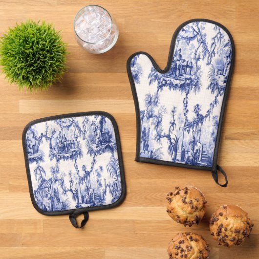 Blauwe en witte Chinoiserie Ovenwant & Pannenlap Set (Top down)