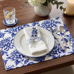 Blauwe en Witte Dahlia Bloemen Toile de Jouy Placemat