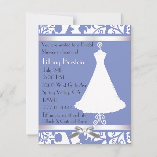 Blauwe en witte Damask Bridal Shower Invitation Kaart (Voorkant)