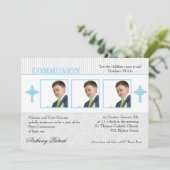 Blauwe en witte Damask-fotocommunie Kaart (Staand voorkant)